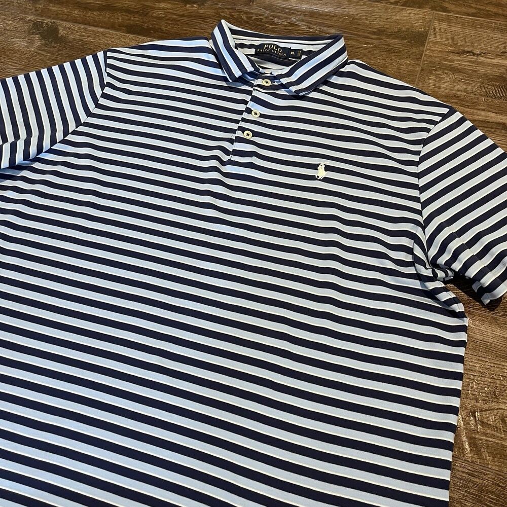 Ralph Lauren Polo Shirt Mens XL Blue White Striped Logo Cotton Tennis Sport Golf